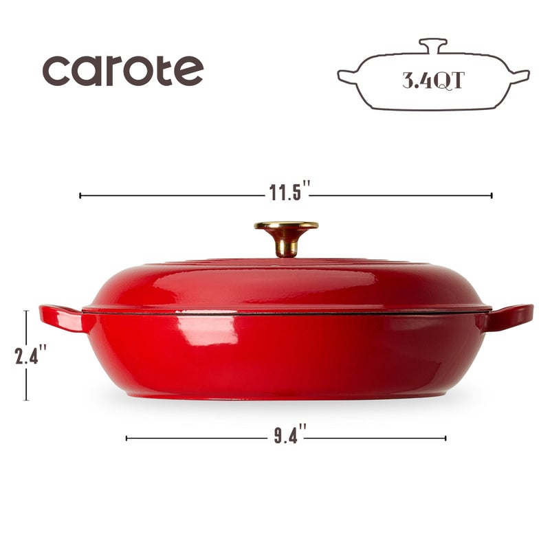 CAROTE 3.4QT Enameled Cast Iron Braiser Pan, Shallow Dutch Oven Casserole Skillets, Non-Toxic Cast Iron Pot with Lid for Grilling, Searing, Baking, Dual Handles, All Stovetop Compatible, Red - Image 2