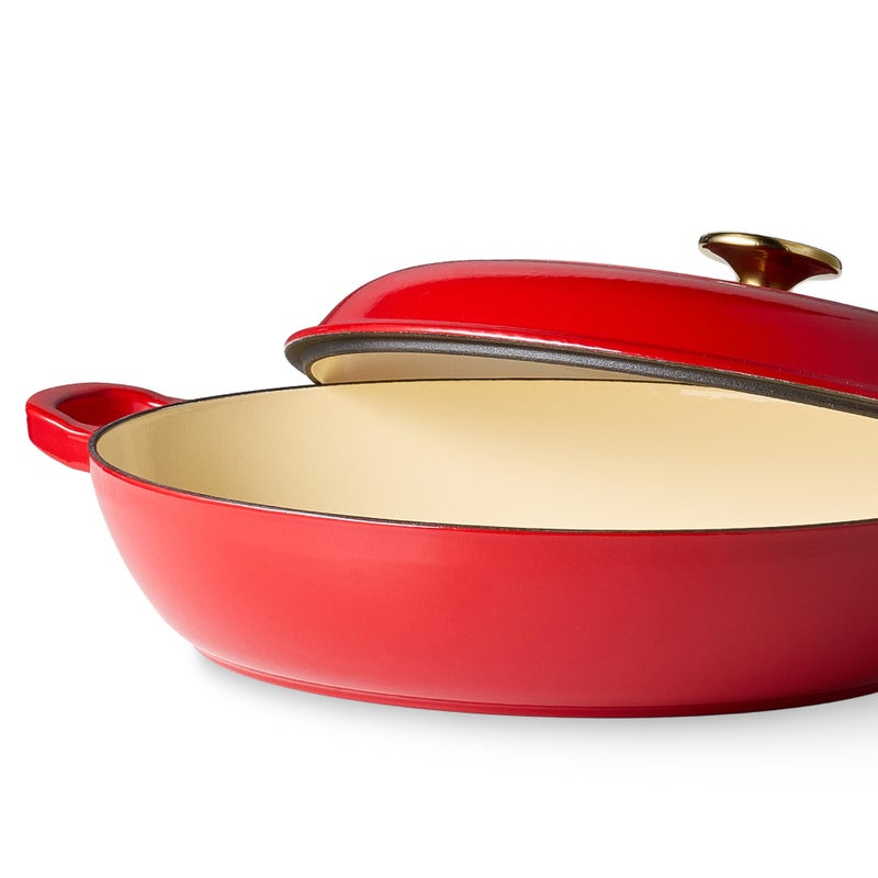 CAROTE 3.4QT Enameled Cast Iron Braiser Pan, Shallow Dutch Oven Casserole Skillets, Non-Toxic Cast Iron Pot with Lid for Grilling, Searing, Baking, Dual Handles, All Stovetop Compatible, Red - Image 3