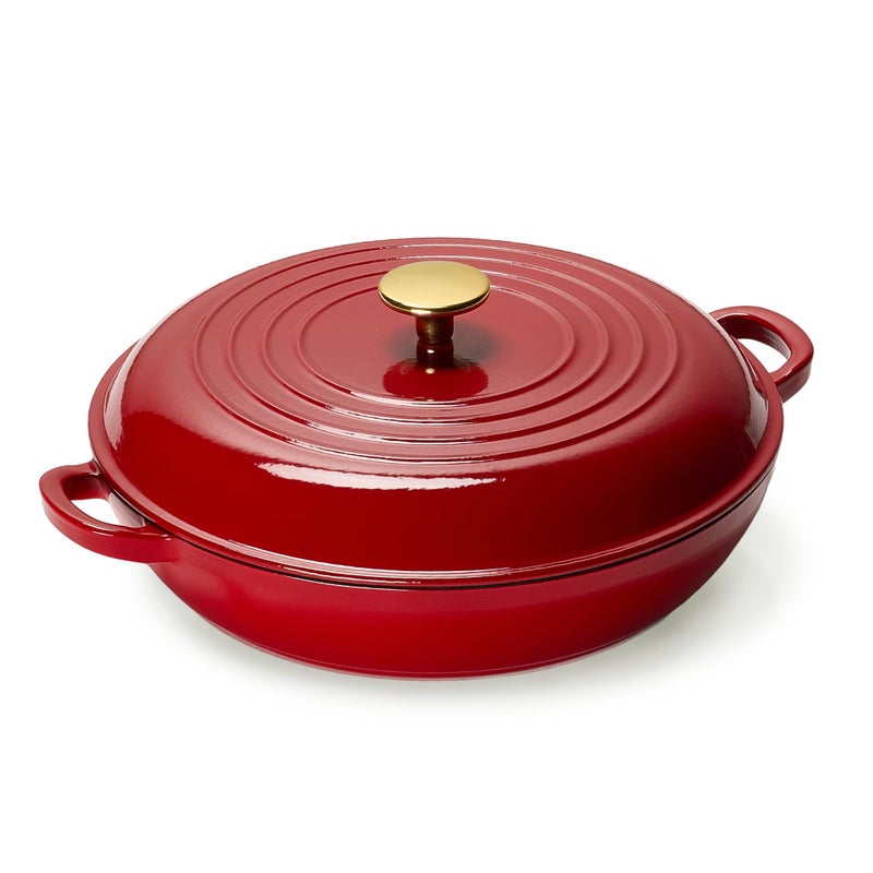 CAROTE 3.4QT Enameled Cast Iron Braiser Pan, Shallow Dutch Oven Casserole Skillets, Non-Toxic Cast Iron Pot with Lid for Grilling, Searing, Baking, Dual Handles, All Stovetop Compatible, Red - Image 1