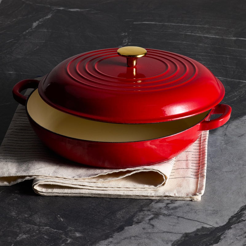 CAROTE 3.4QT Enameled Cast Iron Braiser Pan, Shallow Dutch Oven Casserole Skillets, Non-Toxic Cast Iron Pot with Lid for Grilling, Searing, Baking, Dual Handles, All Stovetop Compatible, Red - Image 5