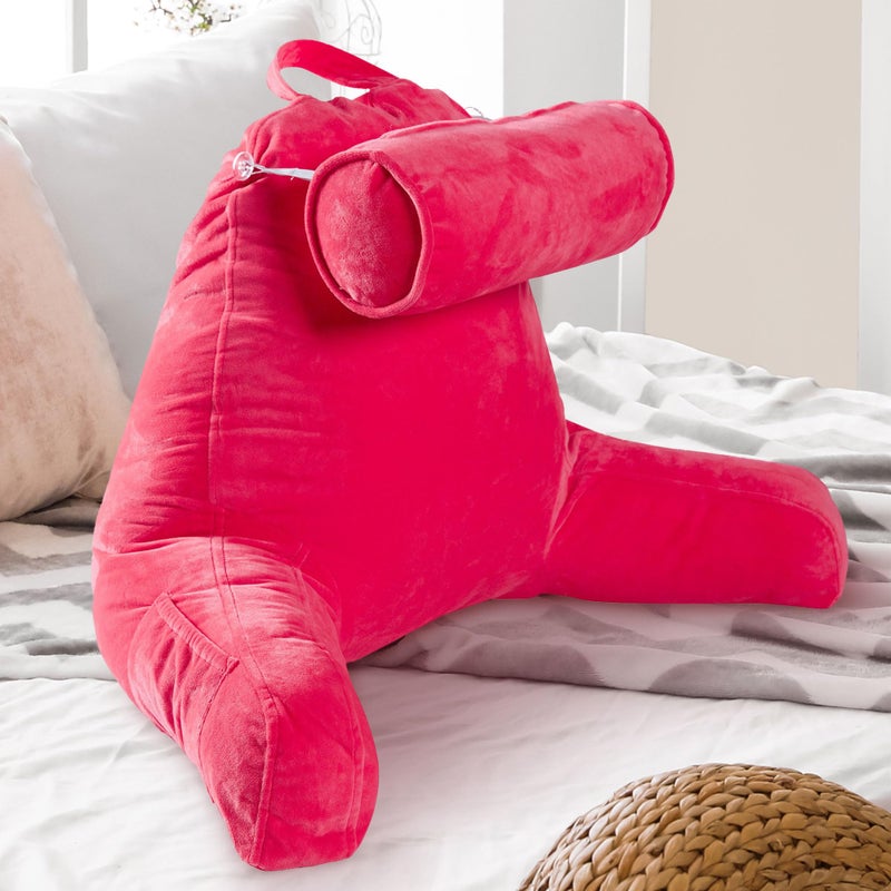 Cheer Collection Reading Pillow Chair Chair Pillow with Arms and Detachable Neck Bolster for Bed Couch Machine Washable Hot Pink