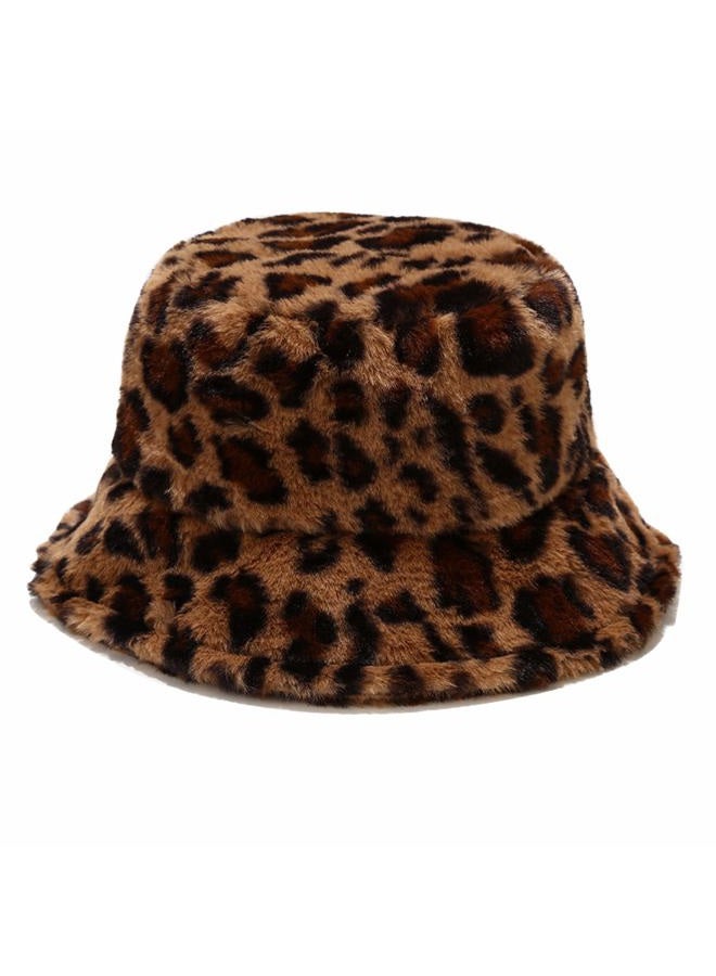 Umeepar Faux Fur Fishing Hat Fluffy Warm Hat Winter Hat for Women (Leopard Print Brown) - Image 1