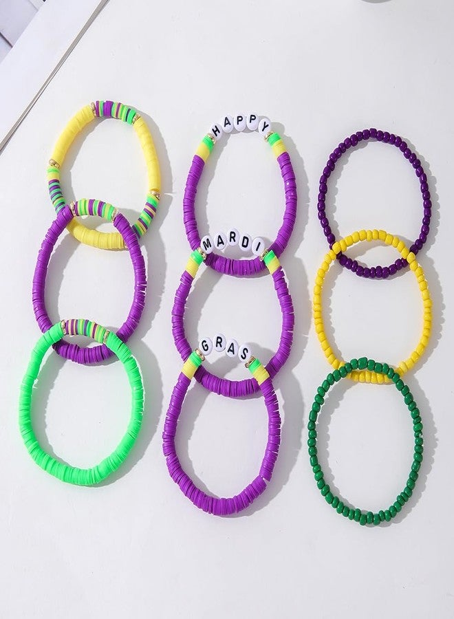 KZL Holiday Heishi Surfer Bracelets Set for Women Men Mardi Gras Stackable African Vinyl Disc Clay Beaded Stretch Bracelets Preppy Bracelets Carnival Parade Celebrations Party Jewelry -Set 1 - Image 4