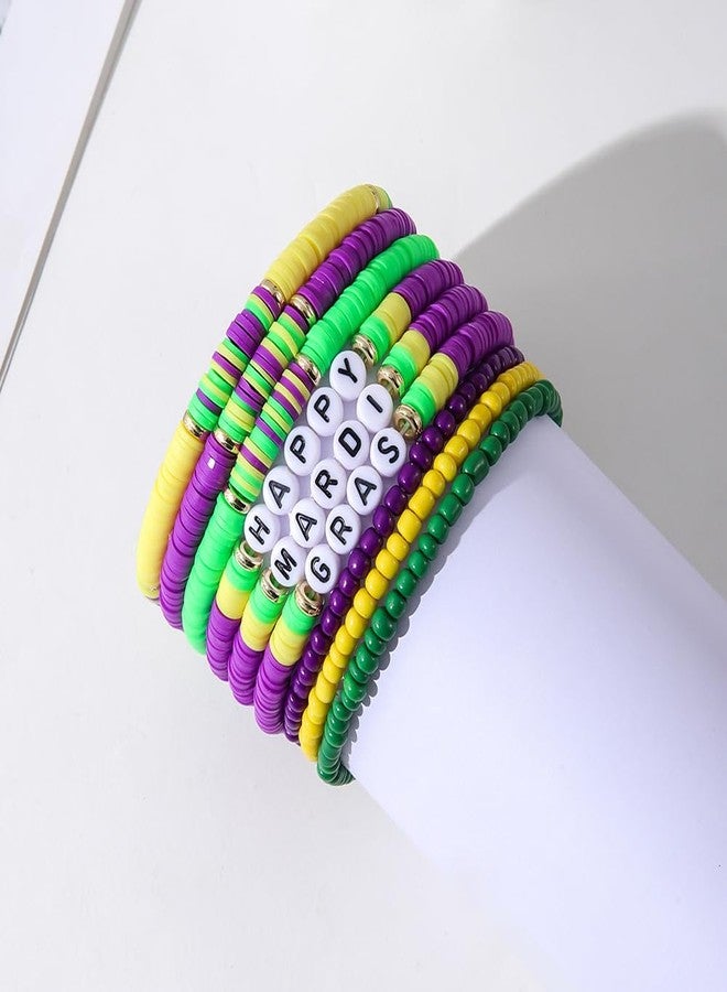 KZL Holiday Heishi Surfer Bracelets Set for Women Men Mardi Gras Stackable African Vinyl Disc Clay Beaded Stretch Bracelets Preppy Bracelets Carnival Parade Celebrations Party Jewelry -Set 1 - Image 3