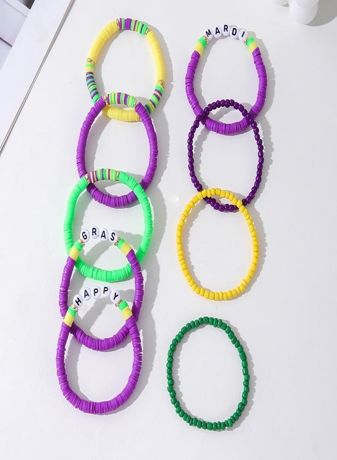KZL Holiday Heishi Surfer Bracelets Set for Women Men Mardi Gras Stackable African Vinyl Disc Clay Beaded Stretch Bracelets Preppy Bracelets Carnival Parade Celebrations Party Jewelry -Set 1 - Image 5