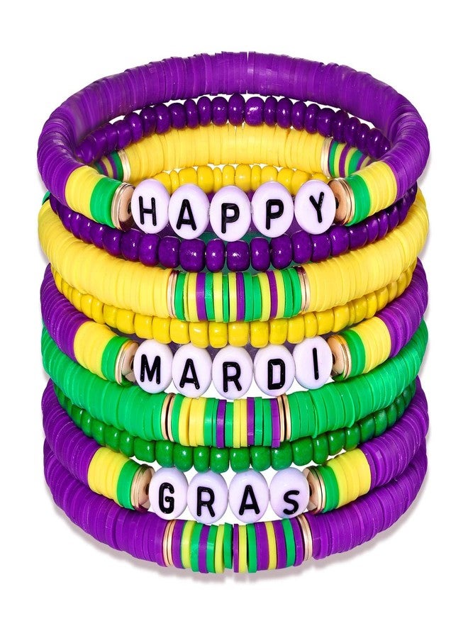 KZL Holiday Heishi Surfer Bracelets Set for Women Men Mardi Gras Stackable African Vinyl Disc Clay Beaded Stretch Bracelets Preppy Bracelets Carnival Parade Celebrations Party Jewelry -Set 1 - Image 1