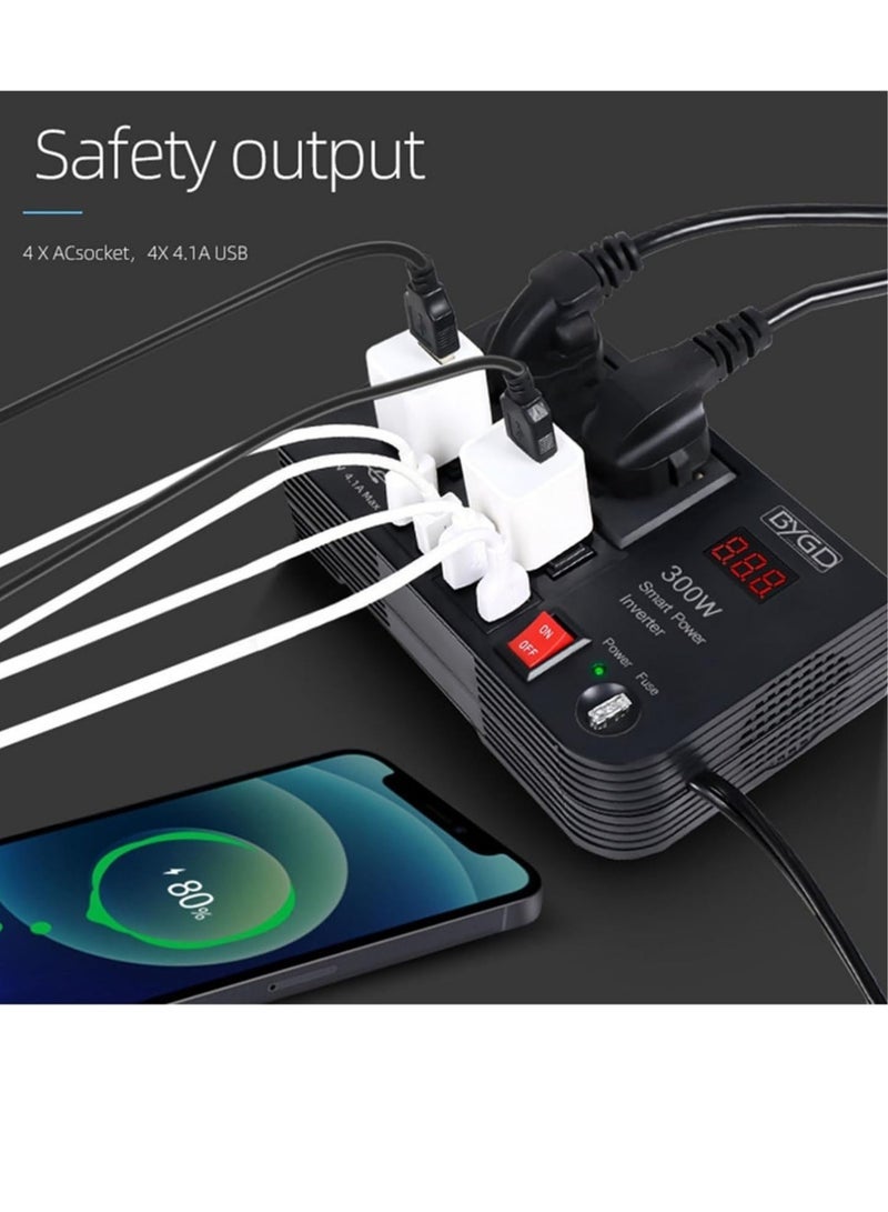 Compact and Efficient 300W Car Inverter: Convert 12V/24V DC to 220V AC with 4 USB Ports for Quick Charging and Dual Universal Sockets" - Image 5