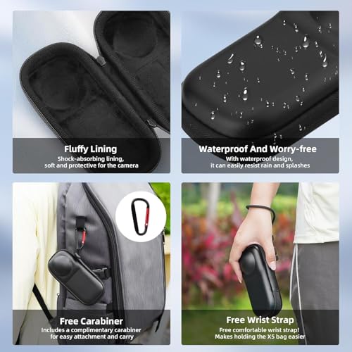 ADOFYS Insta 360 X5/X4 Case Bag + Silicone Lens Cap + 2 Pack Screen Protector Accessories Kit Carrying Case with Wrist Strap and Carabiner for Insta360 X5 X4 Protective Bundle - Image 2