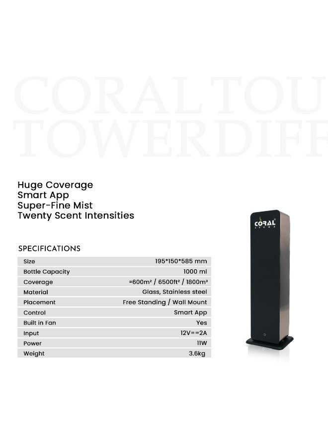 CORAL AROMA Touch Tower Smart Scent Diffuser Machine – 1800m³ Coverage, 1000ml Capacity, Smart App Control, Glass & Stainless Steel, Standalone & Wall Mountable - Image 4
