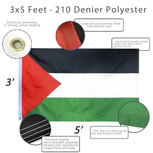 Anley EverStrong Series Palestine Flag 3x5 Ft Heavy Duty Canvas Header 4 Rows of Lock Stitching Palestinian National Flag with Brass Grommets 3 X 5 Ft - Image 3