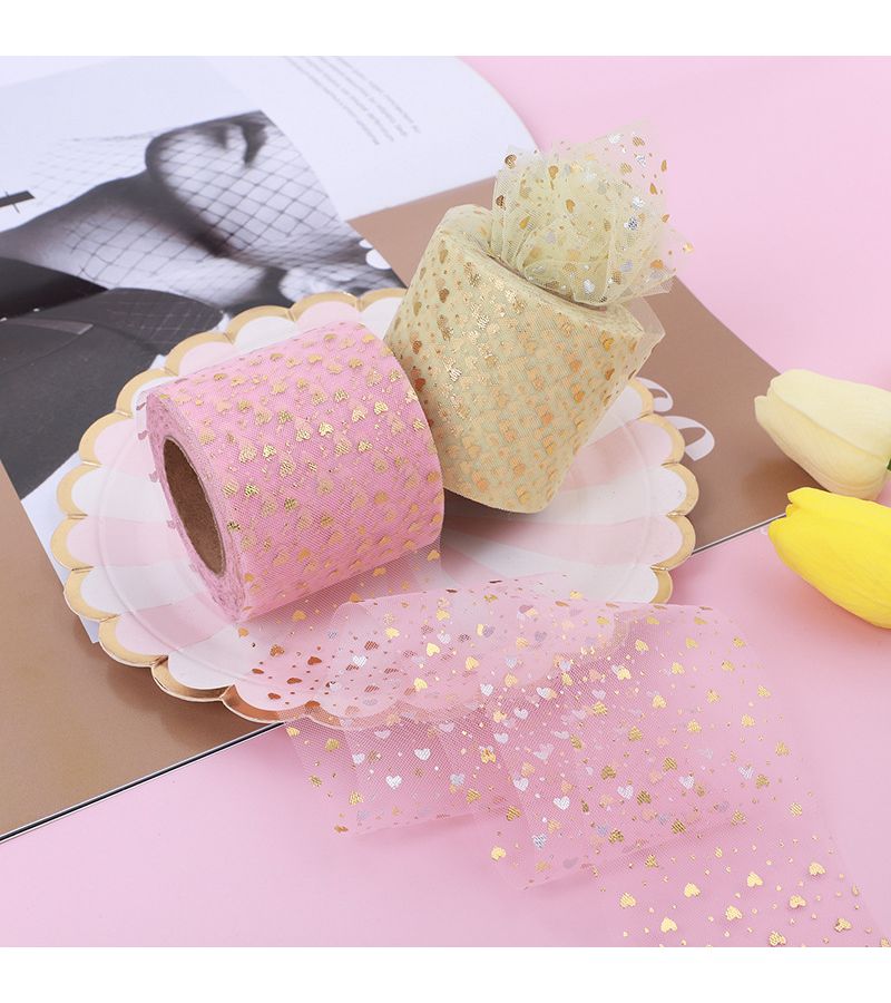 Golden Foil Heart Poly Mesh Ribbon 6cm 2.4 Inch 5 Yards For DIY Crafts Hair Ornaments Weddings Birthdays No Paper Tube - Image 4