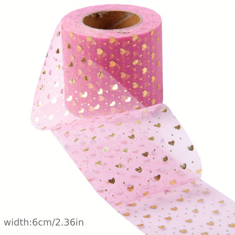 Golden Foil Heart Poly Mesh Ribbon 6cm 2.4 Inch 5 Yards For DIY Crafts Hair Ornaments Weddings Birthdays No Paper Tube - Image 3