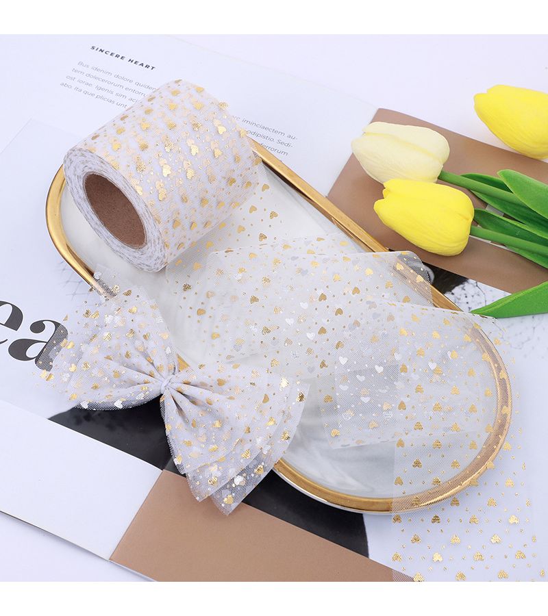 Golden Foil Heart Poly Mesh Ribbon 6cm 2.4 Inch 5 Yards For DIY Crafts Hair Ornaments Weddings Birthdays No Paper Tube - Image 5