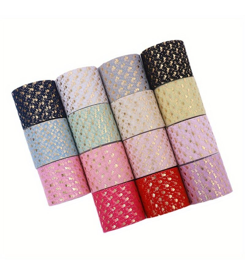 Golden Foil Heart Poly Mesh Ribbon 6cm 2.4 Inch 5 Yards For DIY Crafts Hair Ornaments Weddings Birthdays No Paper Tube - Image 2