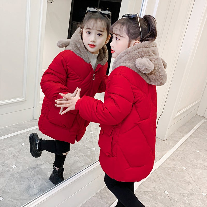 2023 Girls Winter Padded Jacket Korean-Thickened Mid-Length Warm Coat Red plus velvet thickening 