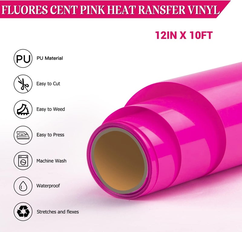 HTVRONT HTV Pink Heat Transfer Vinyl Roll - 12in x10ft PU, Easy to Cut & Weed for Heat Apply Vinyl Design (Hot Pink) - Image 2