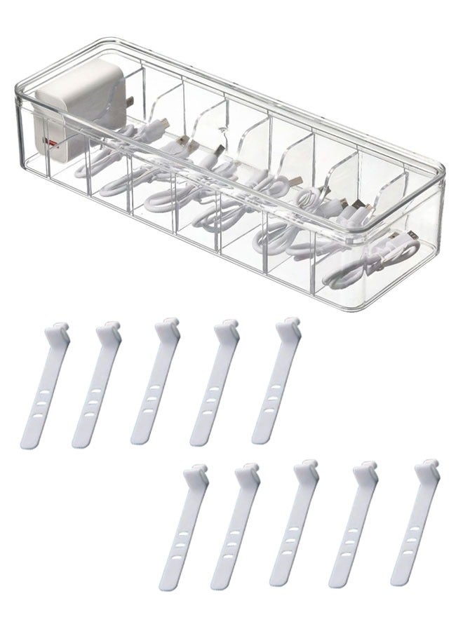 HAWAWA Acrylic Cable Storage Box Organizer, 8 Capacity Charger Organizer, Cord Charger Storage Organizer Box Case with 10pcs Cable Ties Reusable, Clear