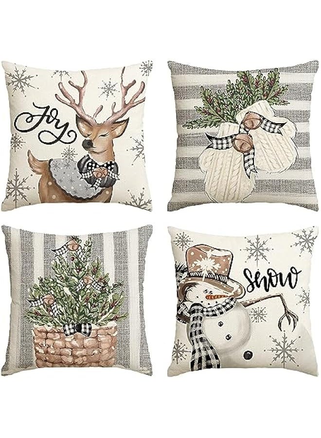 Christmas Snowman Reindeer Gloves Eucalyptus Throw Pillow Covers, 18 x 18 Inch Winter Holiday Stripes Cushion Case Decoration for Sofa Couch Set of 4 - Image 1