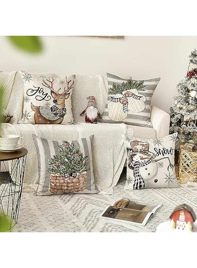 Christmas Snowman Reindeer Gloves Eucalyptus Throw Pillow Covers, 18 x 18 Inch Winter Holiday Stripes Cushion Case Decoration for Sofa Couch Set of 4 - Image 2