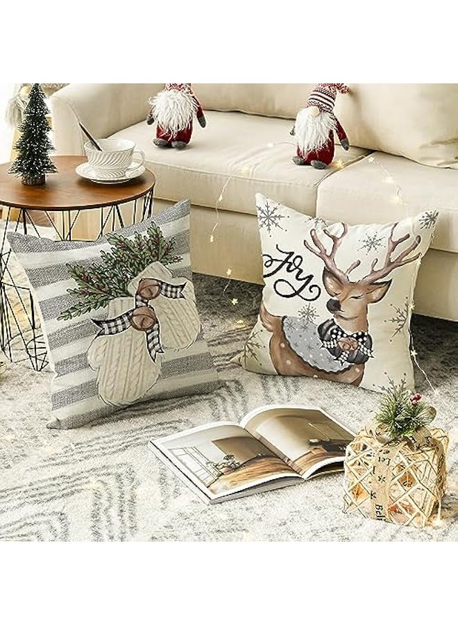 Christmas Snowman Reindeer Gloves Eucalyptus Throw Pillow Covers, 18 x 18 Inch Winter Holiday Stripes Cushion Case Decoration for Sofa Couch Set of 4 - Image 4