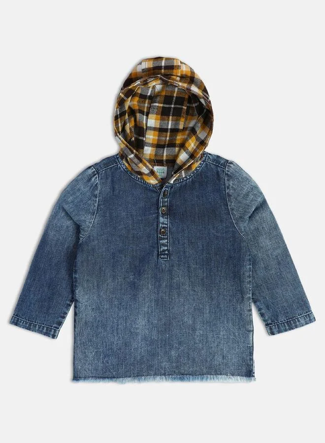 MINIKLUB Boys Denim Look Pullover with Plaid Hood