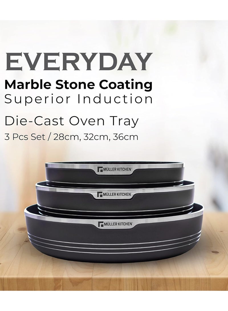 MULLER KITCHEN Oven tray Set 3 Pieces (28cm, 32cm, and 36cm), Die-Cast Aluminum, German Non-Stick Marble Coating Technology, PFOA-Free, Suitable for Multiple Stoves, Dishwasher Safe - Image 2