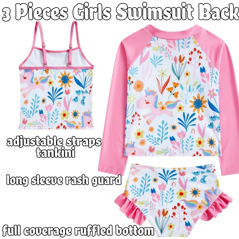 swimsobo Girls Rash Guard for 5 Years Pink Unicorn Tie Bathing Suit 3 Piece Long Sleeve Swimsuit Shorts Sun Protection Swimwear Tankini Sets - Image 5