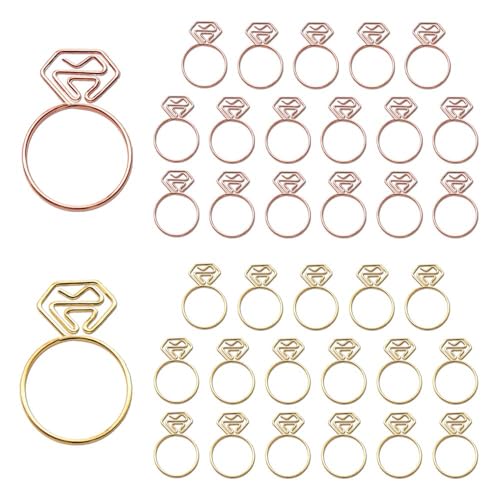 OWLFAVO 36pcs Diamond Ring Shape Paper Clips with Clear Box, Rose Gold and Yellow Gold, Funny Cute Paperclips Bookmarks Planner Clips for Fun Office Supplies College Gifts Wedding Decoration - Image 1