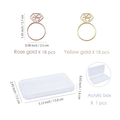 OWLFAVO 36pcs Diamond Ring Shape Paper Clips with Clear Box, Rose Gold and Yellow Gold, Funny Cute Paperclips Bookmarks Planner Clips for Fun Office Supplies College Gifts Wedding Decoration - Image 2