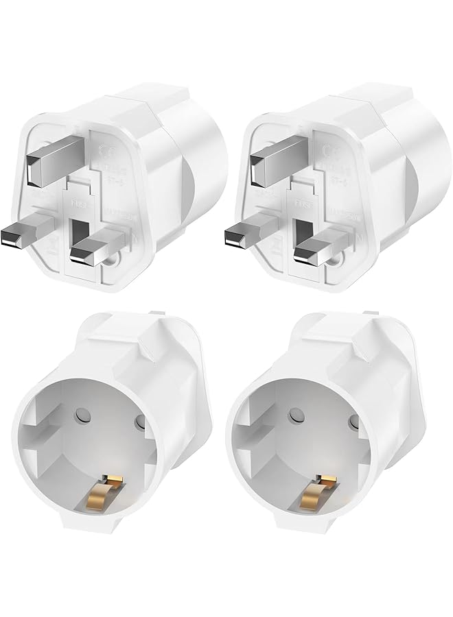 promass 4 Pcs European to UK Plug Adapters, EU to UK Travel Plug Converter, 2 Pin to 3 Pin UK Plug Adaptor, White Travel Plug Adapter from France, Italy, Spain, Germany to UK - Image 1