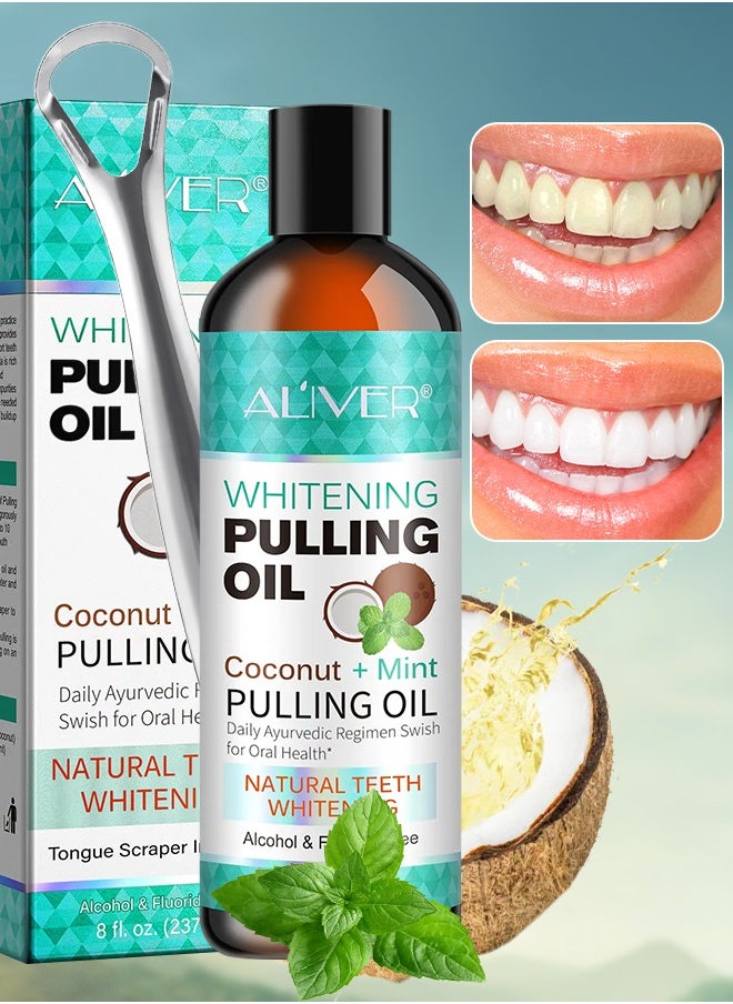 ALIVER - 237 ml Coconut Oil Pulling Mouth Wash with Coconut and Peppermint Oil Ayurvedic Mouthwash for Fresh Breath Teeth Whitening Mint Pulling Mouthwash Natural Essential Oil Mouthwash with Tongue Scraper - Image 1