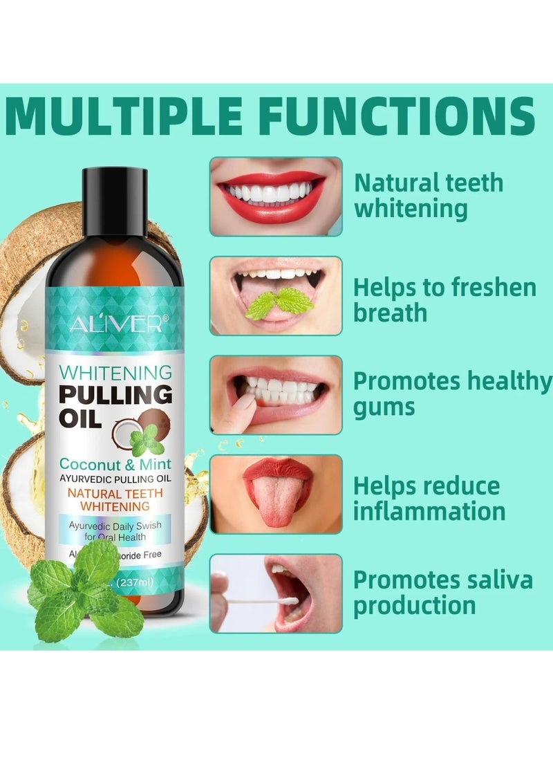 ALIVER - 237 ml Coconut Oil Pulling Mouth Wash with Coconut and Peppermint Oil Ayurvedic Mouthwash for Fresh Breath Teeth Whitening Mint Pulling Mouthwash Natural Essential Oil Mouthwash with Tongue Scraper - Image 1