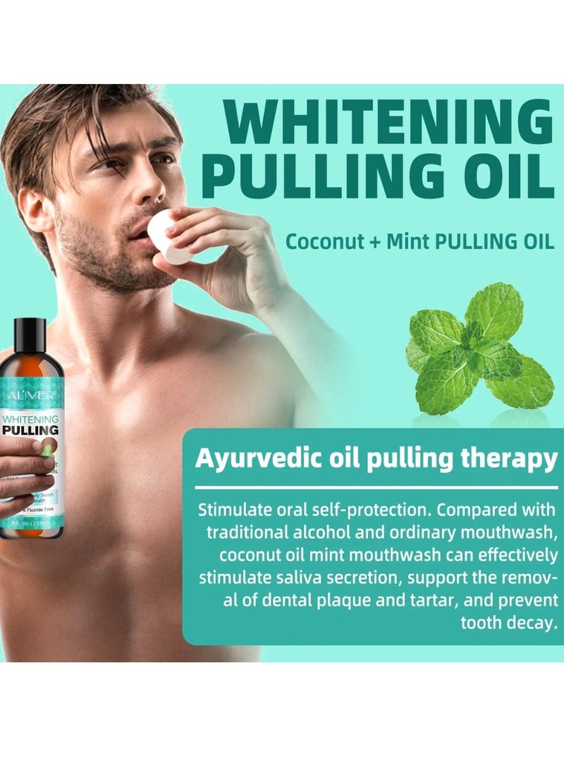 ALIVER - 237 ml Coconut Oil Pulling Mouth Wash with Coconut and Peppermint Oil Ayurvedic Mouthwash for Fresh Breath Teeth Whitening Mint Pulling Mouthwash Natural Essential Oil Mouthwash with Tongue Scraper - Image 1
