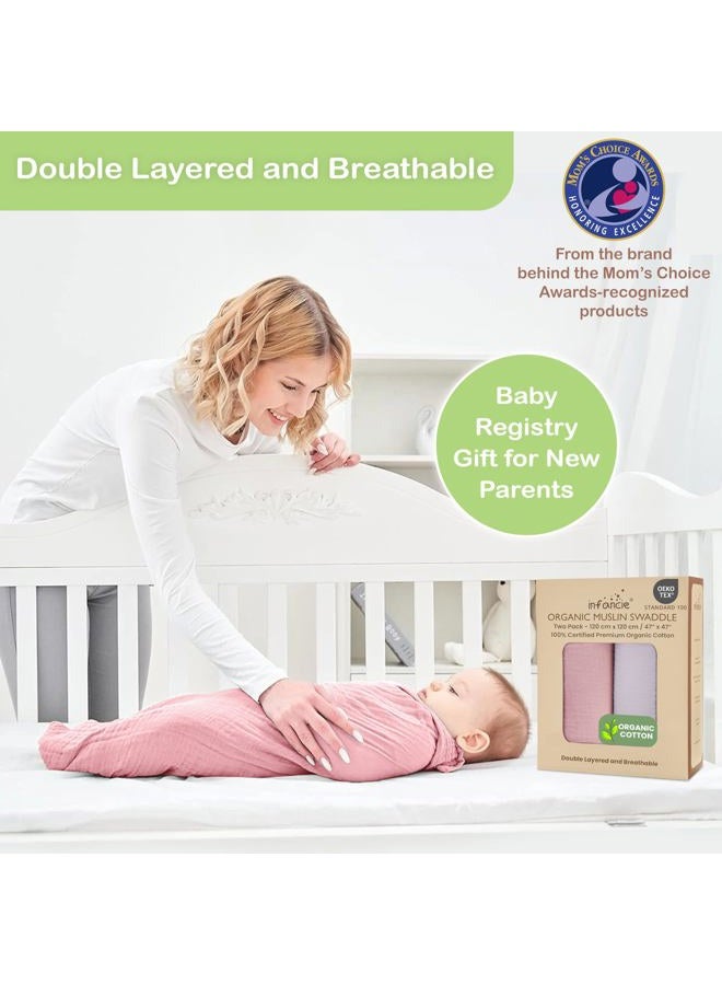 infancie بطانية أطفال من القطن العضوي 100% - 47 × 47 بوصة، بطانية لف للأطفال قابلة للتنفس، بطانة مزدوجة مضادة للحساسية، بطانية ناعمة للمولود الجديد للاستخدام اليومي (وردي فاتح/بنفسجي فاتح) - Image 4