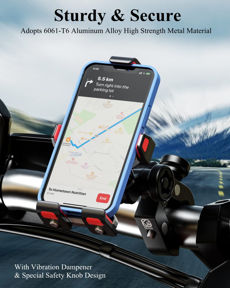 BRCOVAN Motorcycle Phone Mount with Vibration Dampener, Anti-Theft, Adjustable, Aluminum Alloy Handlebar Cellphone Holder for Motorcycle Bike Bicycle Scooter ATV UTV, Fit 4.7''-7.2'' Smartphones - Image 3