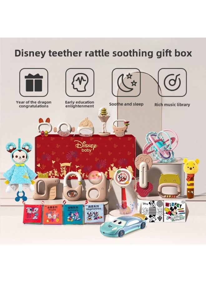 Disney Newborn Baby Rattle Toy Gift Box Male And Female Baby Educational Early Education 0-3-6 Months Full Moon Gift-Color:[10 Teeth Gels + Visual Cards + Rattle + Car Early Education Machine + Minnie Comfort Towel + Cloth Book] - Image 2