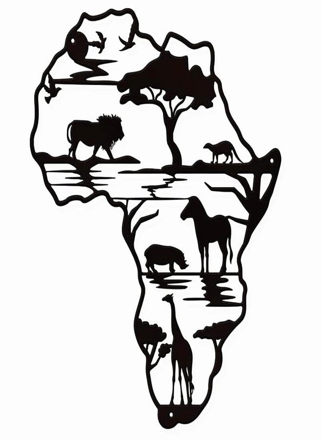 EatingBiting Africa Map 9.76" wide, 11.8" long Metal Wall Decor African Animals Wall Art Cutout Sign for Home Bedroom Living Room Office Garden Hotel Wall Decoration - Image 1