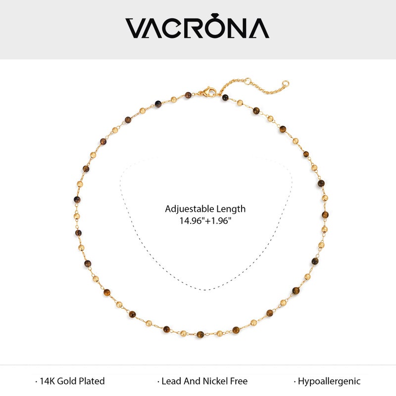 VACRONA Small Beads Choker Necklace for Women 14K Gold Plated Yellow Tiger's Eye Beads Station Link Chain Dainty Gold Boho Summer Jewelry for Women Trendy - Image 5