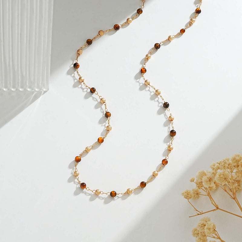 VACRONA Small Beads Choker Necklace for Women 14K Gold Plated Yellow Tiger's Eye Beads Station Link Chain Dainty Gold Boho Summer Jewelry for Women Trendy - Image 4