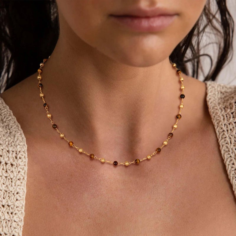 VACRONA Small Beads Choker Necklace for Women 14K Gold Plated Yellow Tiger's Eye Beads Station Link Chain Dainty Gold Boho Summer Jewelry for Women Trendy - Image 2