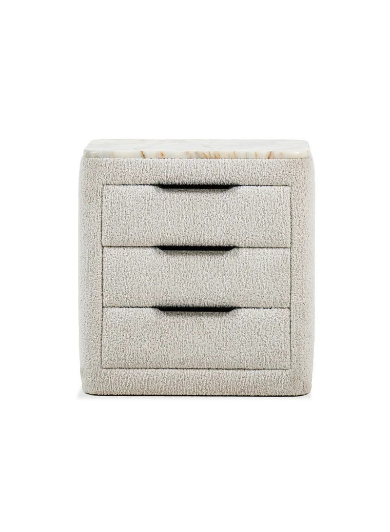 SAPSA BEDDING Nightstand Three Drawer Marble Top MDF with Upholstered Fabric and Silver Handle - Image 1