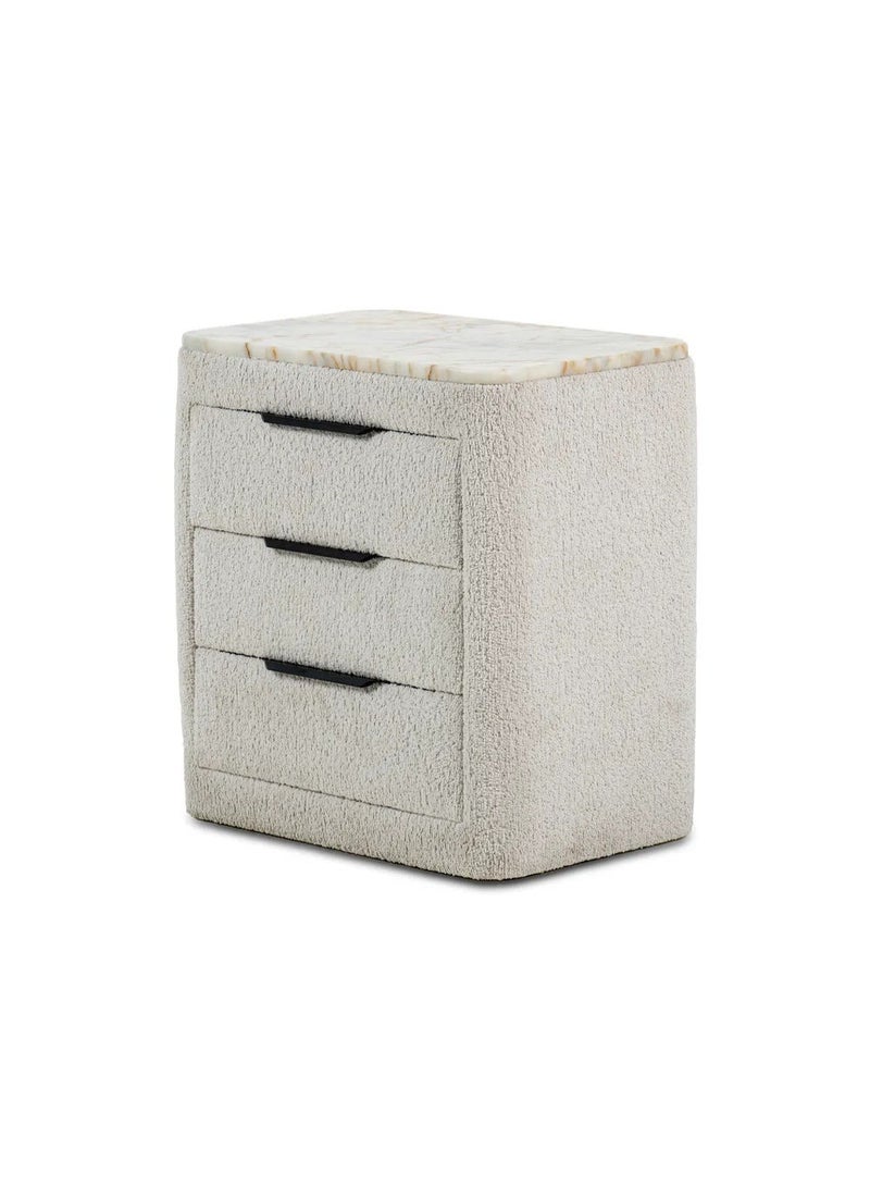 SAPSA BEDDING Nightstand Three Drawer Marble Top MDF with Upholstered Fabric and Silver Handle - Image 3