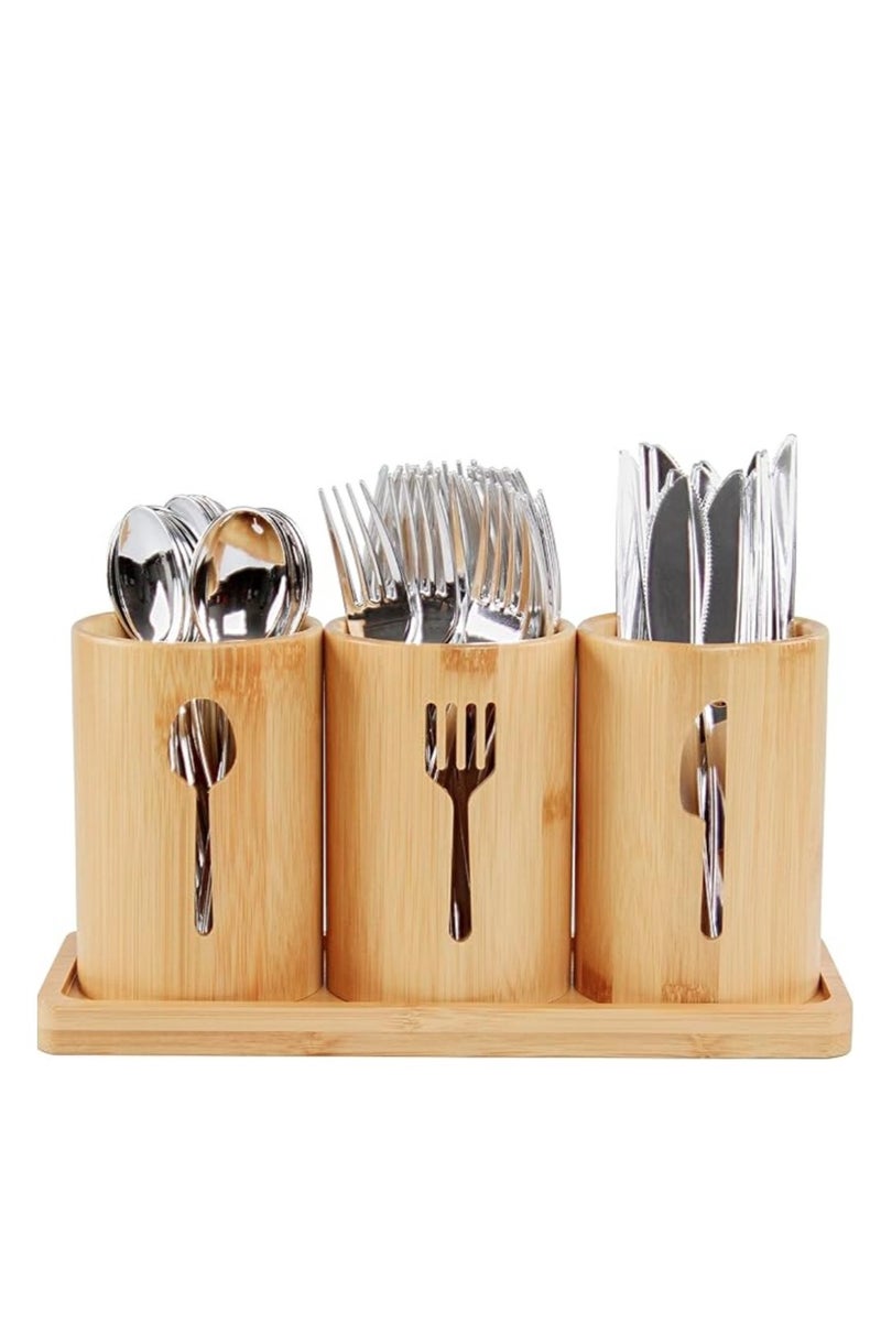 3-Cup Bamboo Cutlery Holder for Organizing Spoons, Forks and Knives - Image 1