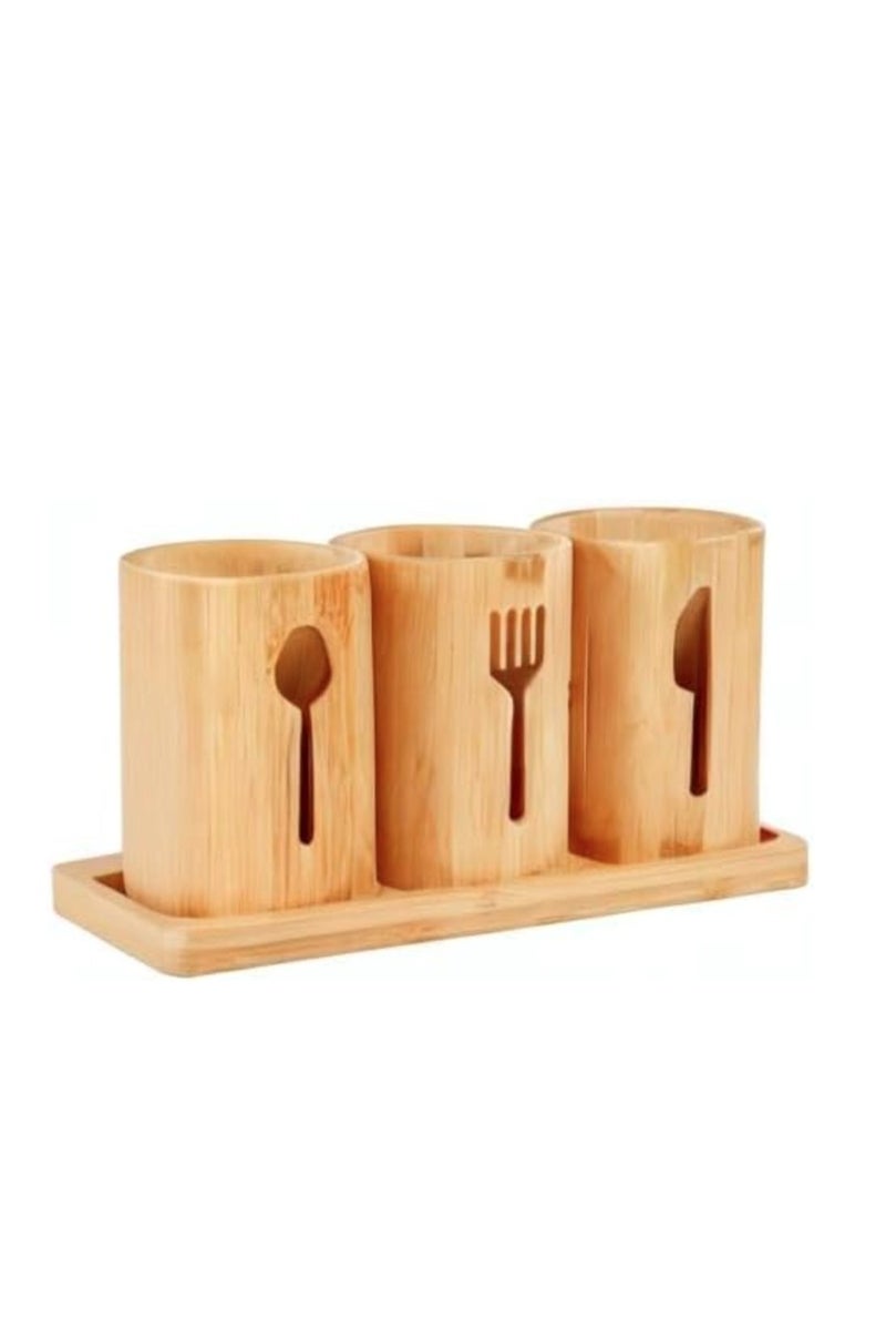 3-Cup Bamboo Cutlery Holder for Organizing Spoons, Forks and Knives - Image 3