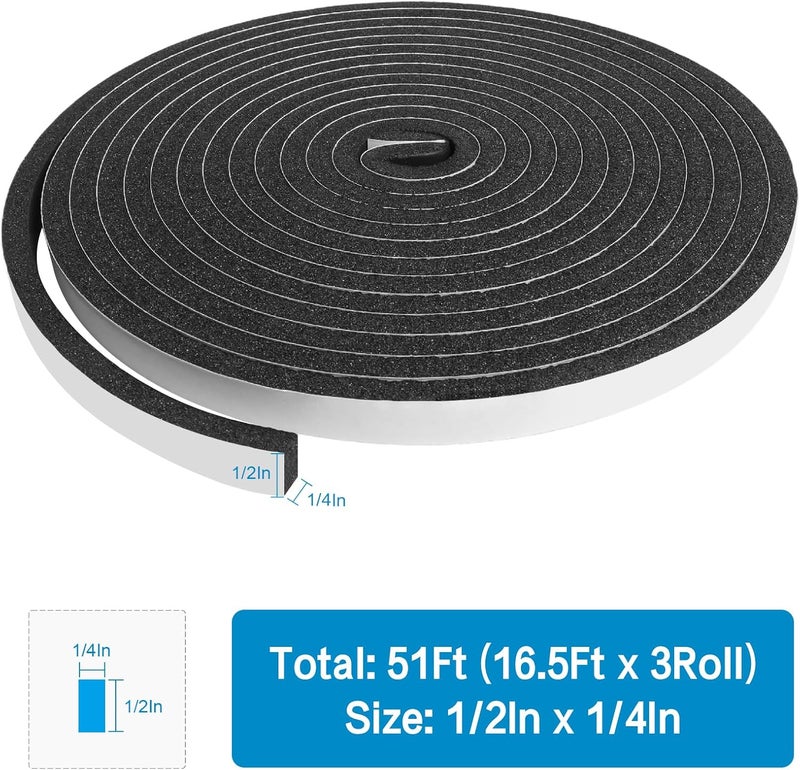 DGSL Foam Insulation Tape, 1/2In x 1/4In x51Ft Weather Stripping Door Seal Strip for Doors and Windows,Sliding Door, Soundproofing Door Seal,Weatherstrip,Air Conditioning Seal Strip - Image 2