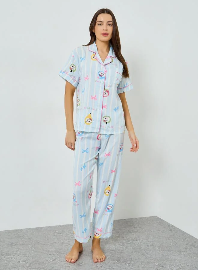 ستايلي مجموعة من بيجاما وقميص بطبعة قطة ومخطط