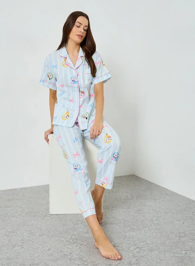 Cat Striped Print Shirt and Pyjama Set