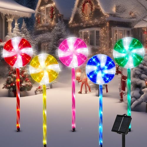 ILLUMINEW Outdoor Christmas Decorations Solar Pathway Lights Set of 5 Lollipops Peppermint Stake Lights 8 Modes Candy Cane Walkside Lights Outdoor Xmas Decoration for WalkwayYard - Image 1