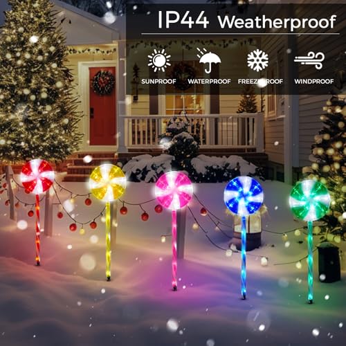 ILLUMINEW Outdoor Christmas Decorations Solar Pathway Lights Set of 5 Lollipops Peppermint Stake Lights 8 Modes Candy Cane Walkside Lights Outdoor Xmas Decoration for WalkwayYard - Image 3