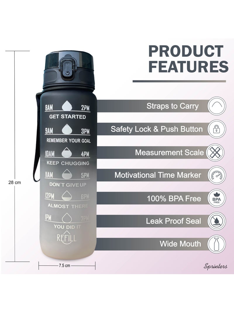 Sprinters - 1 Liters Water Bottle 32Oz Bpa Free, Multicolor - Leak Proof With Motivational Quote And Time Marker, Anti Slip For Sport ,Fitness, Gym , Picnic (1 Liter, Black/Gray Gradient) - Image 3